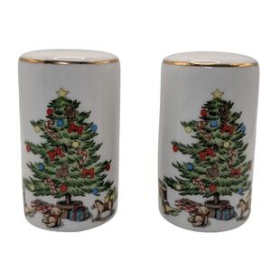 Tienshan Holiday Hostess Salt and Pepper Shaker Christmas Tree Gold Trim Vintage